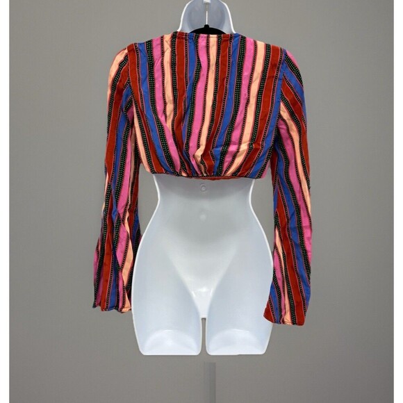 Topshop Striped Long Sleeve Tie Front Crop Top Stars 4th of July Women’s Size 2 - Picture 4 of 15